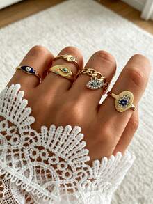 5pcs Handmade Enamel Rhinestone Blue Evil Eye Fatima Hand Multi-Color Ring Set, Sweet & Exquisite French Luxury Rings For Women - Gold - View 6