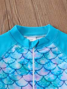1pc Girls' Mermaid Scale Print Long Sleeve Swimsuit, Quick-Dry Stretchy Fabric, Zipper Detail, Suitable For Swimming Pool, Summer Beach Vacation And Surfing Fun - Blue - View 2