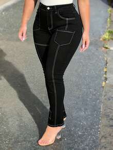 Women's Slims Classic Straight Leg Jean,Multi-Pocket Design,Zipper Fly Closure Utility Jeans - Black - View 3