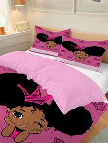 3PCS Custom Name African Princess Print Bedding Set, Cute Cartoon Style Soft Breathable Duvet Cover With Pillowcase, Personalized Kids Bedding For Girls Bedroom, All Season Daily Use - Multicolor - View 3