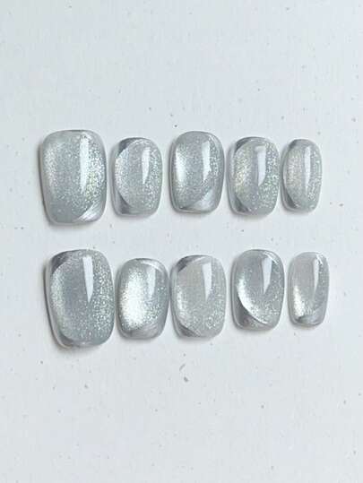 10pcs Pure Handmade Press On Nails Medium Nails Square Nails Using High-Transparency Silver-White Cat Eye, Hand-Painted Irregular Silver Arc-Shaped Lines, It Exudes A Cold Elegance And A Sense Of The Future.Gentle Elegant Cute Nails For Ladies And Girls Spring Summer Fall Winter Festivals Parties And Daily Life Use
