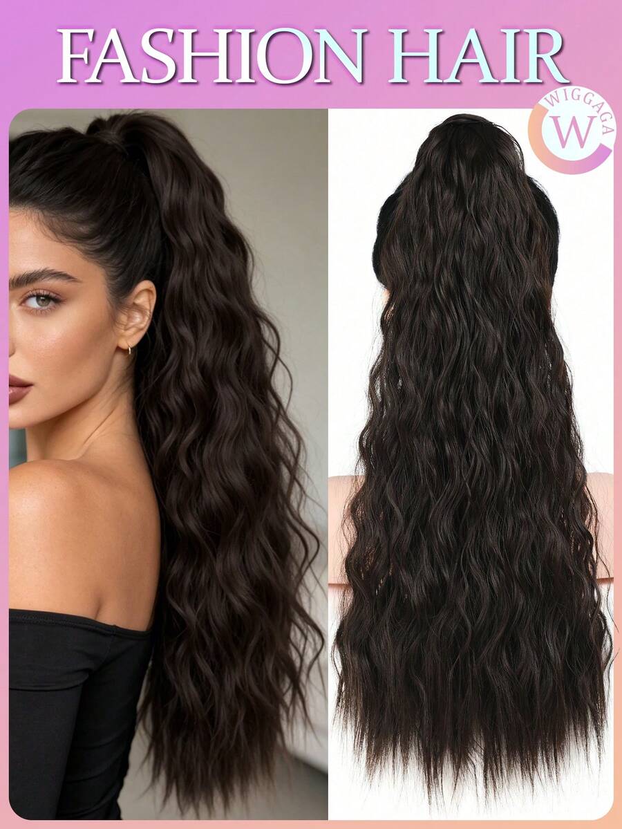 Peluca de cola de caballo con extensiones de cabello sintético ondulado de maíz largo, estilo inspirado en vacaciones, para el Día de San Valentín, de verano, con clip en el cabello, degradado de marrón a rubio - Óxido marrón - Ver 1