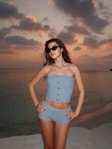Women Button Design Cropped Tube Top And Knit Shorts Set Summer - Blue - View 1