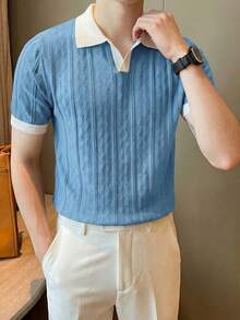 ALTZTAR Men's Contrast Color Short Sleeve Knitted Cable Textured Polo Shirt - Baby Blue - View 7