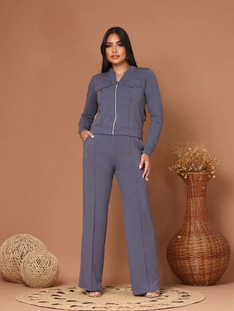 Wide-Leg Pants + Long-Sleeved Jacket In Cool, Lightweight Fleece Fabric For Winter 2026. Zipper. - Dark Grey - View 1