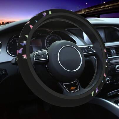 1 chiếc bọc vô lăng ô tô in hình bướm nhiều màu sắc, chống thấm nước, không có vòng trong, lớp bảo vệ cho vô lăng nội thất ô tô, phù hợp cho mọi mùa.
