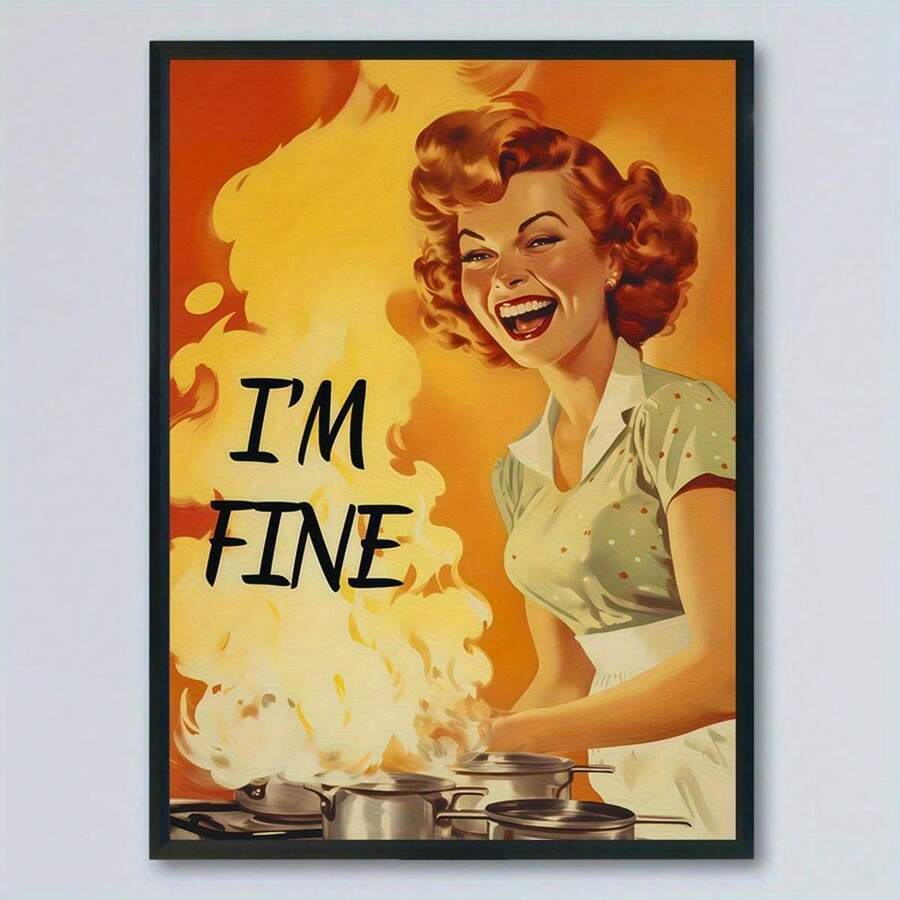 1pc I'm Fine" Humorous Kitchen Canvas Art Poster - Frameless, Vintage & Modern Wall Decor For Living Room, Bedroom, Home Office, Painting Art, Room Decor - Frameless - View 1