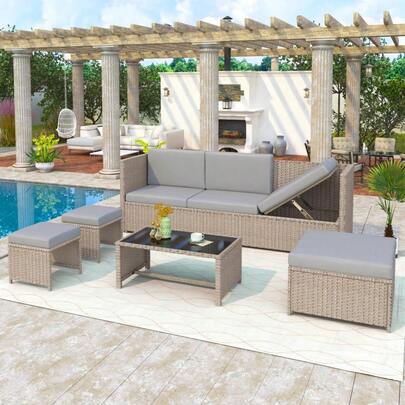 4-6 Seater Outdoor Garden Lounge Set, Rattan Sofa Patio Furniture Set, Outdoor Seating Group For Garden & Patio, Khaki