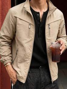 1pc Men's Jacket, Khaki Stand Collar Multi-Zipper Pockets Jacket, Abrasion-Resistant Woven Fabric, Non-Pilling, Outdoor Functional Cargo Style Style, Suitable For Outdoor Hiking And Daily Commute In Spring And Autumn - Khaki - View 1