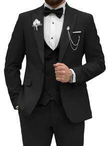 Men's Tailored Suit Set, Black Satin Plaid Collar, Anti-Wrinkle Fabric, Wedding Groom's Evening Dress For Formal Business Attire - 黑色 - 查看 9