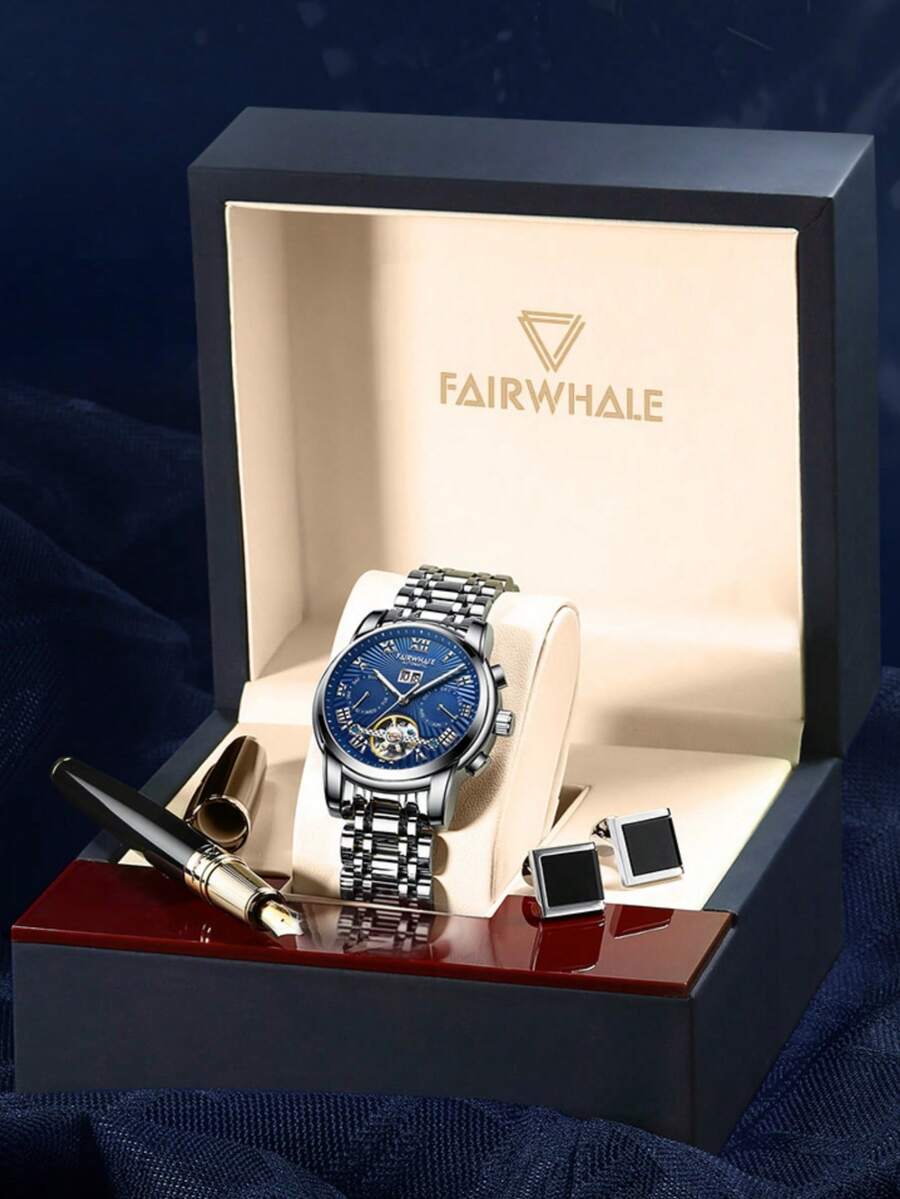 1pc Business Men's Mechanical Watch, Classic Fashion Multifunction Chronograph Calendar, Hollow Flywheel Wristwatch, Holiday Party Gift 6060 - one-size - View 1
