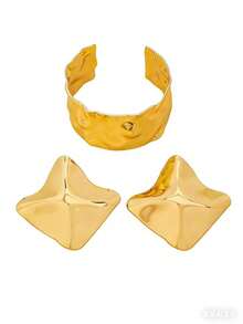 Women's Fashion Jewelry Set, Bohemian Style Minimalist Hammered Metal Bracelet And Earrings Set, Adjustable Open Bangle, Suitable For Daily, Vacation And Gift - Yellow Gold - View 3