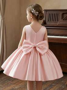 Young Girl Pink Princess Dress, Elegant Luxurious Pearl Embellished Bow Decor Satin Knee-Length Dress, Suitable For Birthday Party, Wedding Flower Girl, Prom, Graduation, Stage Performance, Casual Wear - Pink - View 6
