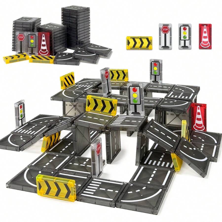 3+ Children's City Road Construction Toy, 36/56/76pcs Transparent Matte Road Blocks, Can Build Complete Road Network And Traffic Signs - Multicolor - View 1