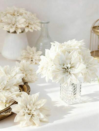 12/5 Pcs Off-White Artificial Dahlia Flowers, Fake Flowers, Fake Plants, 4.7" With Stem Artificial Flower Heads For Home Room Spring Wedding Decor, Outdoor Garden Restaurant Centerpieces, Party, Gifts, Bridal Wrist Corsage Bouquet, Valentine's Day Mother's Day Decor, Wedding Decor