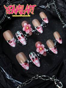 10Pcs Pressed Acrylic Almond Nails, Natural Base With White & Pink French Tips And Plaid Patterns. Adorned With 3D Flowers And Strawberry Motifs, Elegant And Lovely Full Cover Nails. Great Summer Picks For Weddings, Parties And Daily Wear, Nail Art Handmade Press On Nails - Pink - View 5