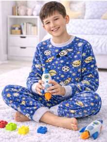 Boys' Soft Fleece Winter Pajamas, Warm And Closed, Sizes 2 To 12 - Xanh đậm - Xem 4
