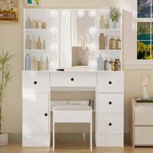 39,4" Weißer Schminktisch mit 10 LED-Hollywoo.d-Lampen & Hocker, Frisiertisch mit 5 Schubladen, 1 Schrank & offenen Regalen, 3 Farbmodi & dimmbarer Helligkeit, Make-up-Tisch für Schlafzimmer - Weiss - Übersicht 2