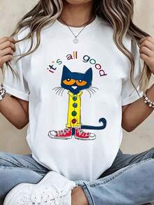 Perfect For Everyday LookCat In The Hat Inspired T-Shirt For Women - It's All Good Graphic Tee With Colorful Cat Design, Casual Black Shirt For Everyday Wear, Fun And Playful Style For Cat Loverssuitable For Casual Outings, Travel, Beach, School, Work From Home And Weekend Activities, Comfortable And Stylish For Any Occas - 白色 - 查看 7