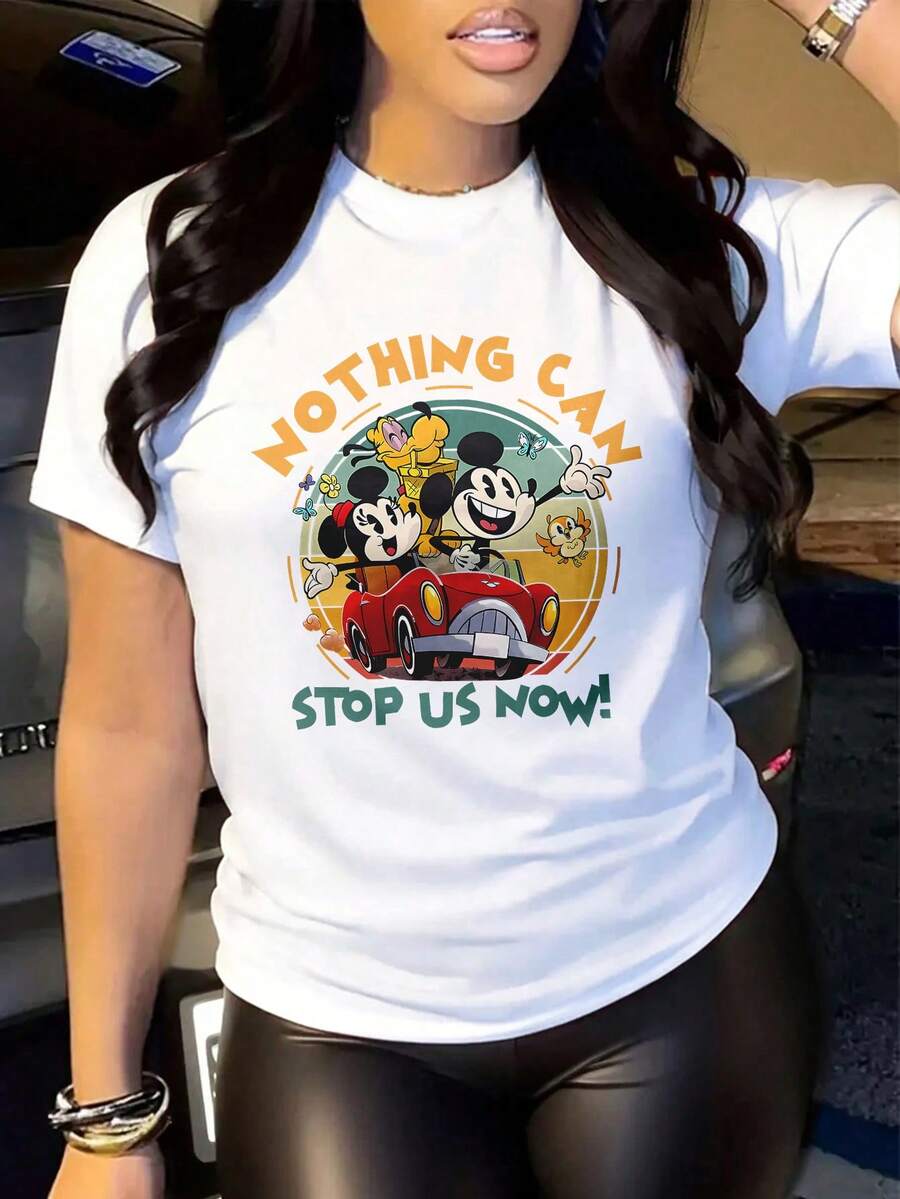 Disney Picnic Series, Womens Casual Cotton Short Sleeve Round Neck Regular Fit T-Shirt With Mickey & Minnie's Runaway Railway Print , Men's Sizes Suitable For The Whole Family - 白色 - 查看 1