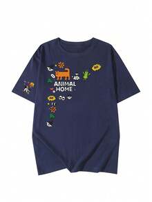 Kaos Wanita Kasual Leher Bulat Longgar Lengan Pendek Motif Huruf Kartun, Musim Semi/Panas - Navy Blue - View 5