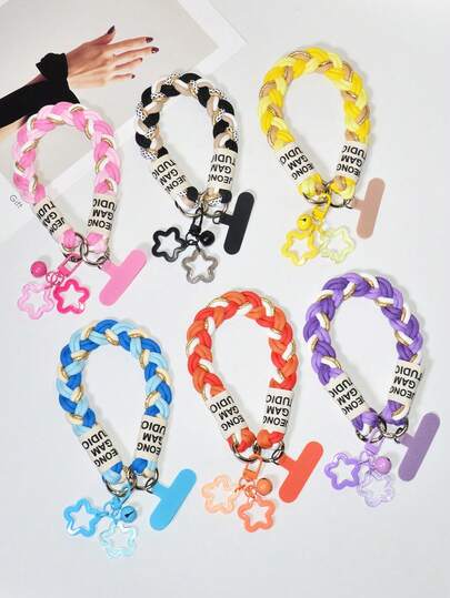 1 Set Braided Ponytail Phone Lanyard, Short & Wide Wrist Strap With Double Buckle, Dopamine Cartoon Hollow Star Bell Phone Bag Keychain Couple Pendant, Detachable Phone Case Ring Holder, Multifunctional Outdoor Climbing High-End Durable Phone Strap