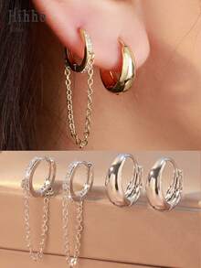Hihho 2 Pairs Luxury Chain Tassel Hoop Earrings & Wide Minimalist Earrings Set, Dual-Wear Design, Chic And Elegant For Party, Work And More Occasions - Earrings Set - View 1