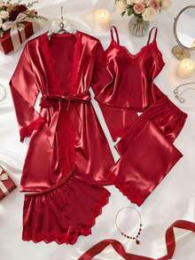 5pcs Solid Color Satin & Lace Patchwork Pajama Set, Including Long Sleeve Robe, V-Neck Camisole, Shorts, Pants And Belt, Elegant Women Sleepwear Loungewear - Burgundy - View 1