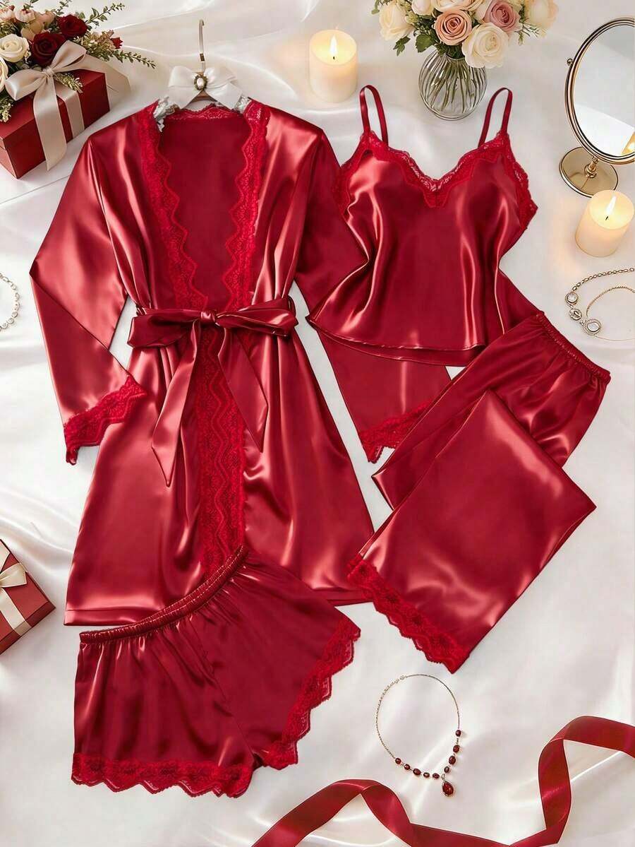 5pcs Solid Color Satin & Lace Patchwork Pajama Set, Including Long Sleeve Robe, V-Neck Camisole, Shorts, Pants And Belt, Elegant Women Sleepwear Loungewear - Burgundy - View 1