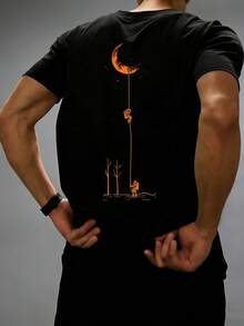 Camiseta de manga corta con cuello redondo y estampado de luna, cómoda y casual, versátil para el verano - Negro - Ver 1