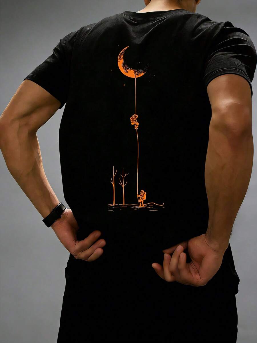 Camiseta de manga corta con cuello redondo y estampado de luna, cómoda y casual, versátil para el verano - Negro - Ver 1