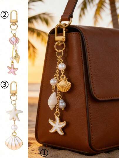 Ocean Style Seashell & Starfish Bag Charm Keychain For Women, Pearl Shell Pendant Handbag Charm With Lobster Clasp, Cute Beach Theme Purse Accessories, Aesthetic Backpack Key Ring Car Keychain Decoration For Summer Vacation, Travel & Daily Use, Fashion Bag Pendant For Girls, Ladies & Friends, Perfect Gift For Birthday, Valentine's Day, Mother's Day, Christmas, Beach Lovers Jewelry Accessory