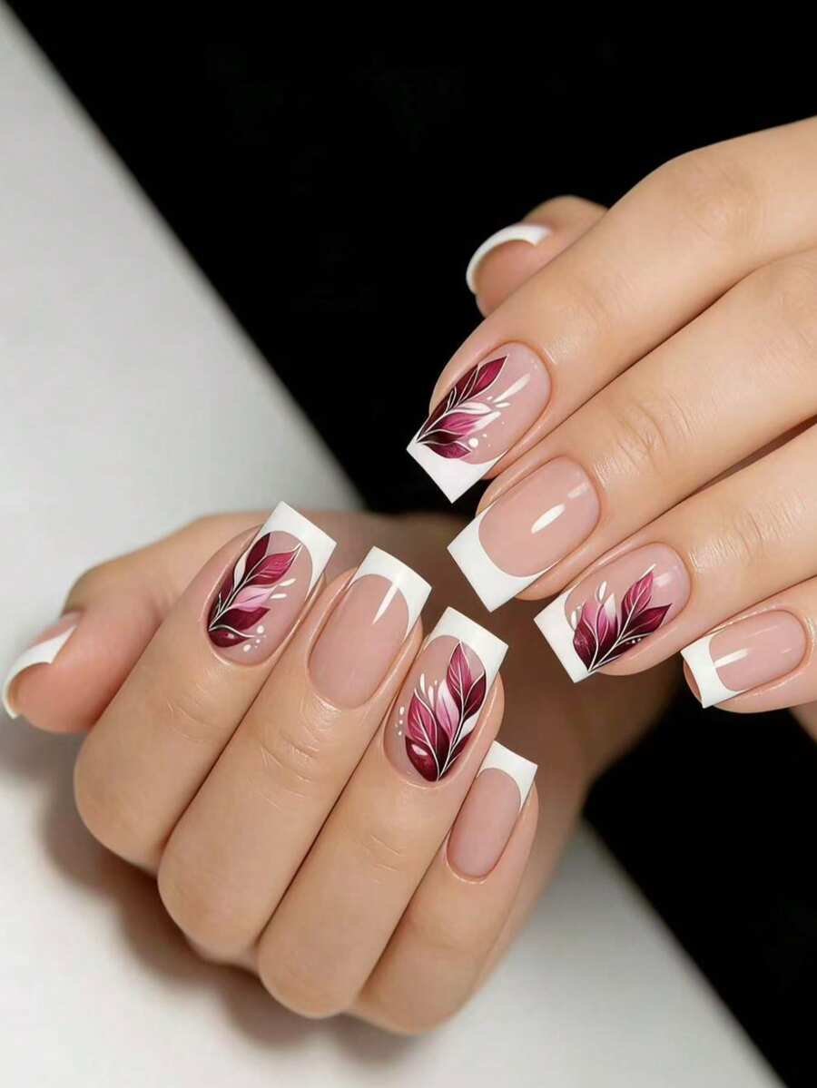 24 móng tay giả hình hạnh nhân kiểu retro màu đỏ rượu vang gradient họa tiết hoa dâm bụt, móng tay giả dài màu nude trong suốt, có thể tháo rời dành cho nữ. - trắng - Xem 1