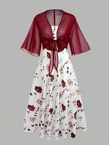 Women's Elegant Ditsy Floral Chiffon Dress With Shawl, 2 Pieces Set Spring Summer - Burgundy - View 10