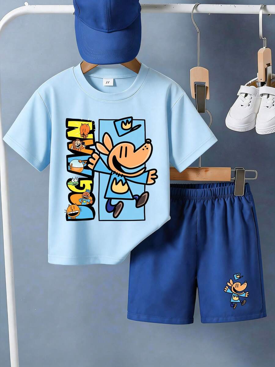 1 set T-shirt à manches courtes et short avec imprimé chien détective, adapté pour les adolescents garçons. Cadeau d'été parfait pour le port à l'école et en extérieur, printemps/été - Multicolore - Voir 1