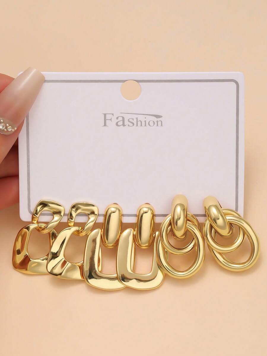 3 Pairs Fashionable Stainless Steel Oversized Personalized Style Jewelry For Women - Yellow Gold - View 1
