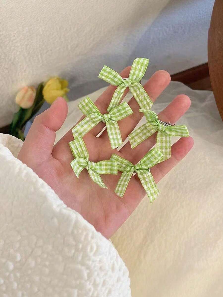 5个格子蝴蝶结发夹，可爱小爪夹，适合女孩 - 綠色 - 查看 1