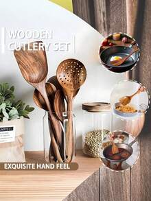 5pcs Wooden Cooking Utensil Set, Including Wok Spatula, Natural Wooden Kitchen Tools, Ladle, Soup Spoon, Wooden Turner, Cutlery Set, Wooden Spatula And Spoon - Multicolor - View 3