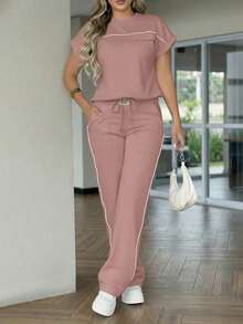 Women's Solid Color Minimalist Round Neck Short Sleeve Top And High Waist Straight Leg Pants 2 Pieces Set, Spring/Summer - 蓮藕粉紅13 - 查看 4