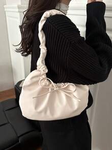 云褶大容量单肩腋下饺子包，复古小众软抽绳蝴蝶结通勤包 - 白色 - 查看 4