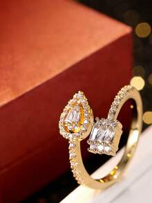 1 chiếc nhẫn hở bất đối xứng, hình giọt nước, đính đá zirconia nhân tạo, thiết kế độc đáo, nhẫn cá nhân hóa. - Vòng hở - Xem 5