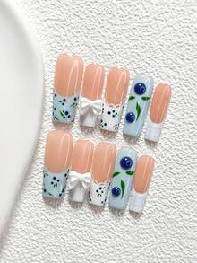 10Pcs Fresh And Sweet Berry Style Handmade Nail Art Set,Unghie Press On,White Bow,Blueberries, Stripes,Blue And White Nail Polish,Dreamy,Includes Nail Tools,3 Sizes Available,Almond Nails , Duck Nails,Coffin Nails For Party, Dance, Daily Wear. - 彩色 - 查看 12