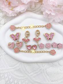 14件套可拆卸花园鞋饰套装，包含蝴蝶、爱心、金色花朵链饰，用途广泛，适用于女士凉鞋、拖鞋、沙滩包，是节日和生日派对的理想礼物。 - 粉色 - 查看 6