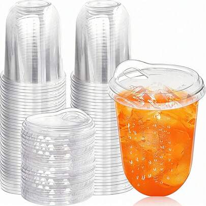 40pcs/20sets - 20pcs Cups + 20pcs Lids, Super Thick Disposable Molded Plastic Cups For Milk Tea, Coffee, Beverages, Ice Cream, 360ml/500ml, Shatterproof, Random Patterns, Suitable For Parties, Thanksgiving, Halloween, Christmas