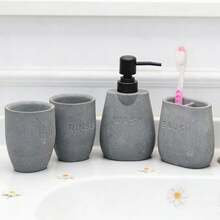 Bộ phụ kiện phòng tắm màu xám tối giản kèm giá đựng bàn chải đánh răng, thiết kế dập nổi WASH/RINSE. - Xám - Xem 7