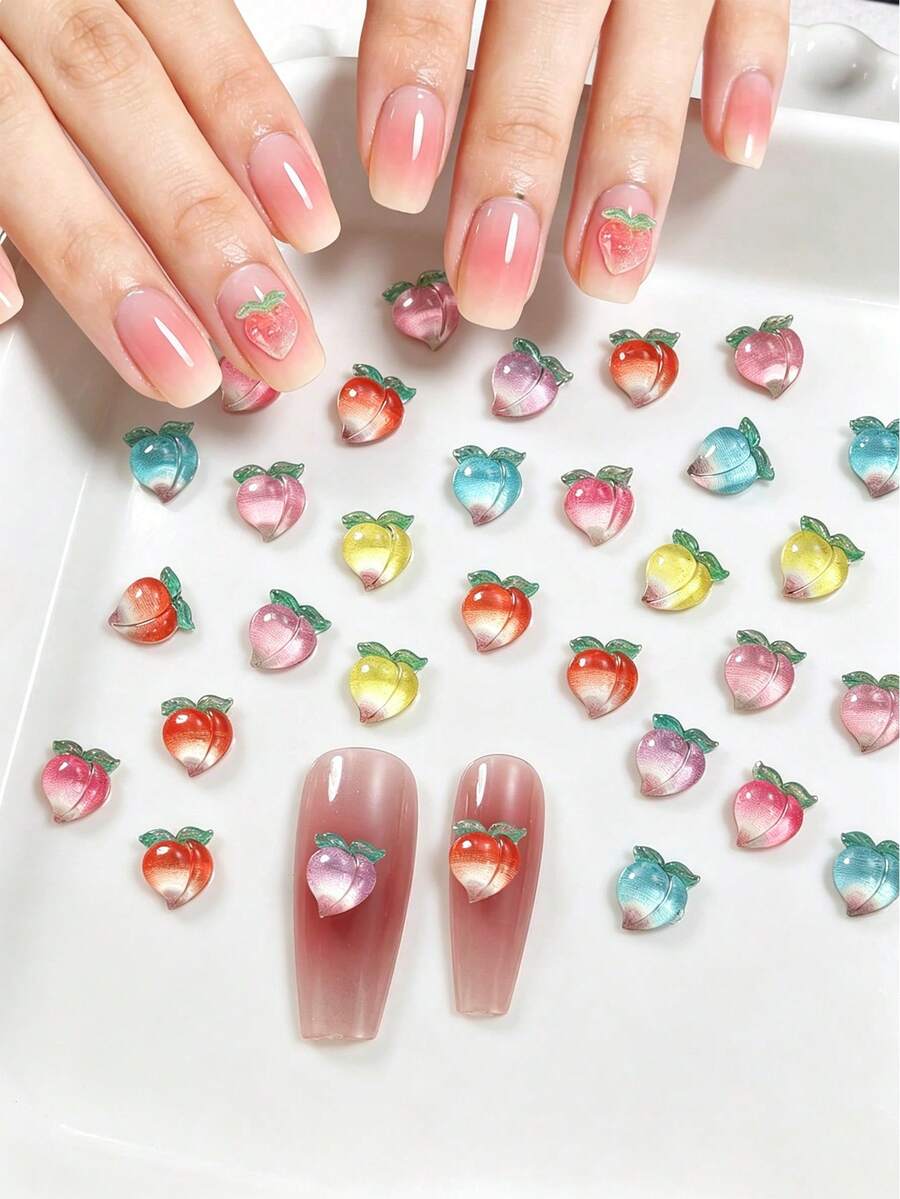 50pcs Cute 3D Peach Nail Art Decorations, Mixed Colors, Suitable For DIY Handcraft And Nail Art, Nail Art Accessories, Nail Gems, Nail Supplies, Nail Decorations - Multicolor - View 1