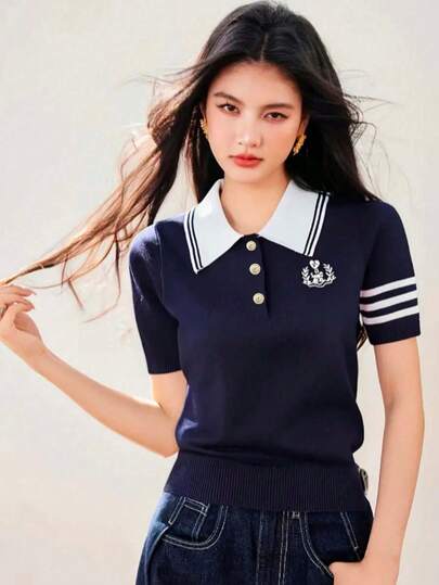 Ropa de mujer para el verano, Nueva llegada primavera/verano 2026 Camiseta de manga corta con cuello polo y contraste de color casual, Parte superior de punto ajustada y favorecedora para jóvenes