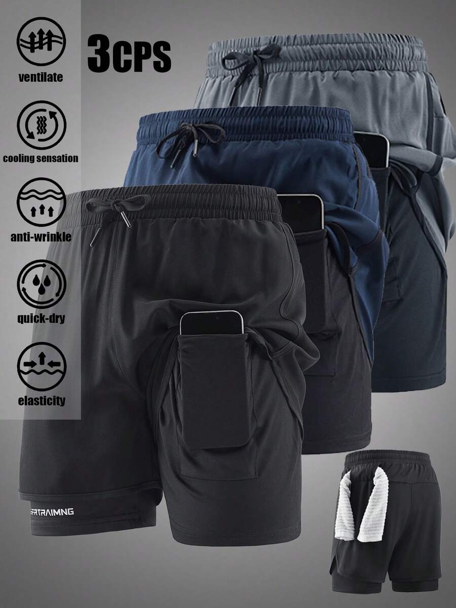 3pcs 2-In-1 Men's Outdoor Sports Running Shorts, Breathable Quick-Dry Printed Shorts Black Summer - Black - View 1