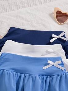 3件套女童休闲日常纯色叠层半身裙，带3D蝴蝶结装饰 - 藍色 - 查看 3