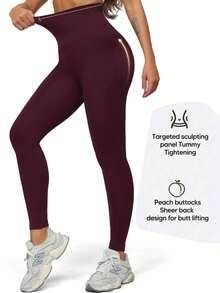 1pc Seamless Yoga Leggings, Lightweight High Cinched Waist Tummy Control Cropped Pants, Spring/Summer - Burgundy - View 4